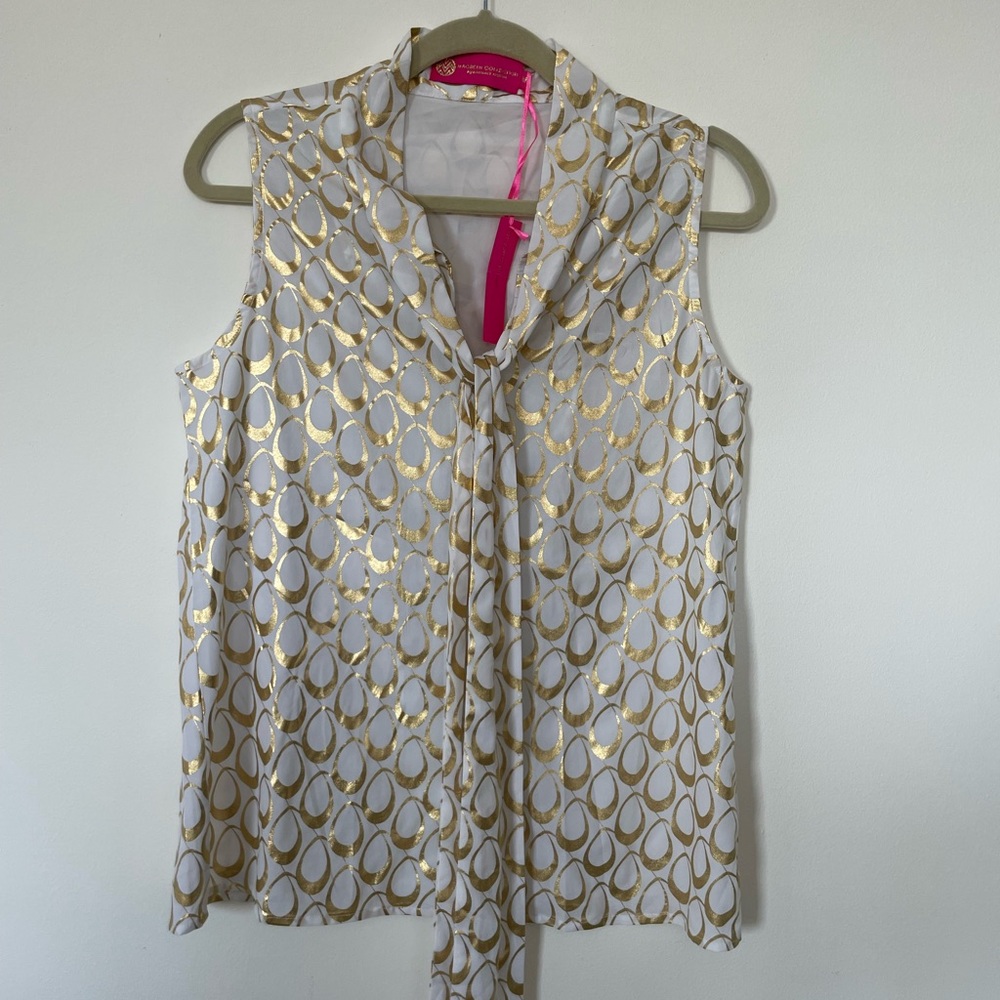 Macbeth collection sleeveless gold/white button down tie top